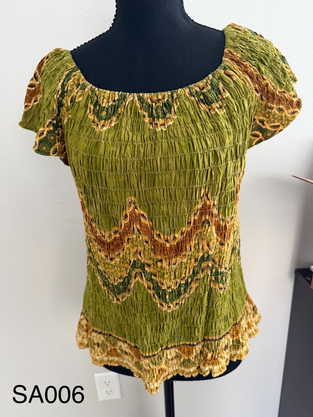 Olive Green Smocked Short Sleeve Top